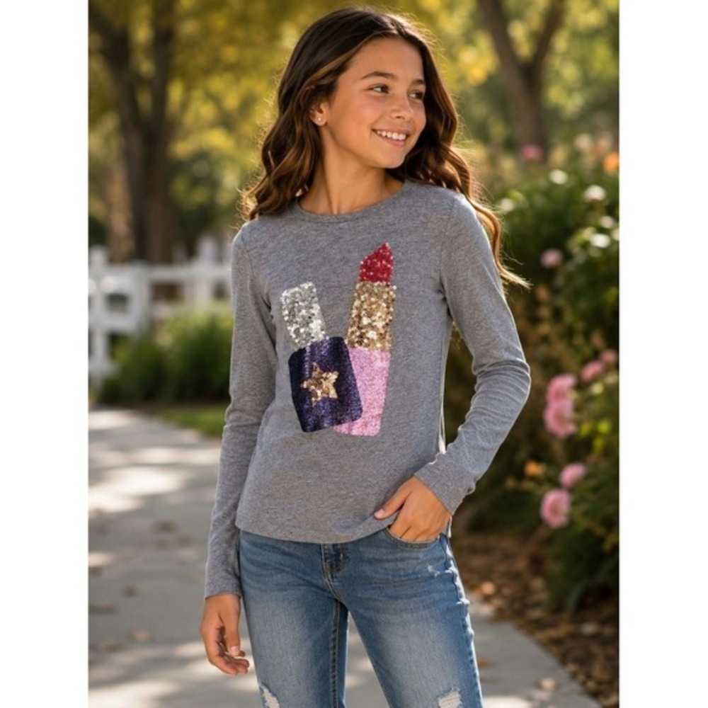 RUUM Girls Sequin Lipstick Nail Polish Long Sleeve Top Heather Grey Size L 12